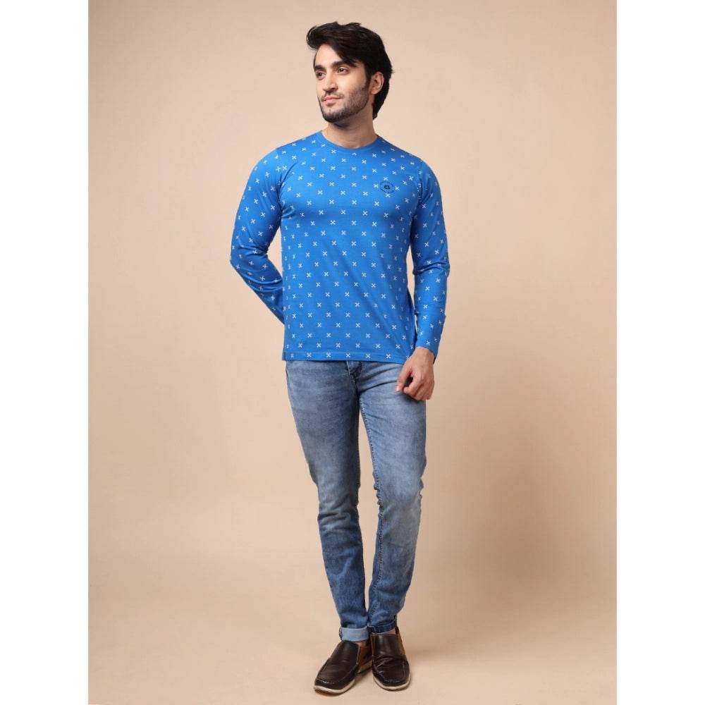 Generic Men's Casual Cotton Printed Round Neck Full Sleeve T-Shirt (Blue) - MYLUXURY LANE ENTERPRISE