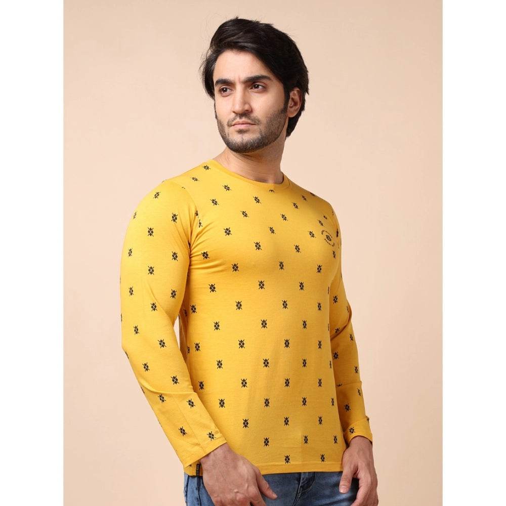 Generic Men's Casual Cotton Printed Round Neck Full Sleeve T-Shirt (Mustard) - MYLUXURY LANE ENTERPRISE