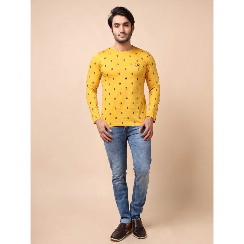 Generic Men's Casual Cotton Printed Round Neck Full Sleeve T-Shirt (Mustard) - MYLUXURY LANE ENTERPRISE