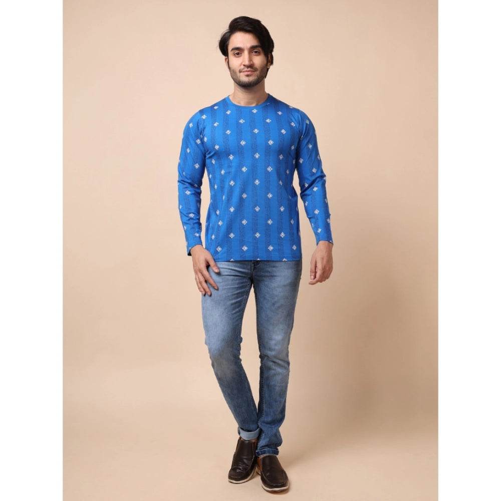 Generic Men's Casual Cotton Printed Round Neck Full Sleeve T-Shirt (Blue) - MYLUXURY LANE ENTERPRISE