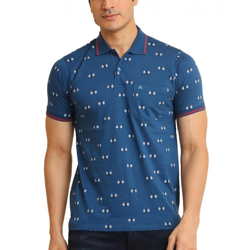 Generic Men's Casual Cotton Printed Polo Neck Half Sleeve T-Shirt (Blue) - MYLUXURY LANE ENTERPRISE