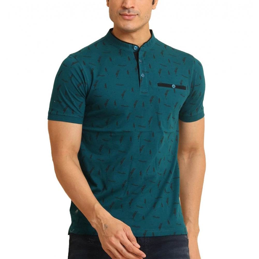 Generic Men's Casual Cotton Printed Mandarin Collar Half Sleeve T-Shirt (Green) - MYLUXURY LANE ENTERPRISE
