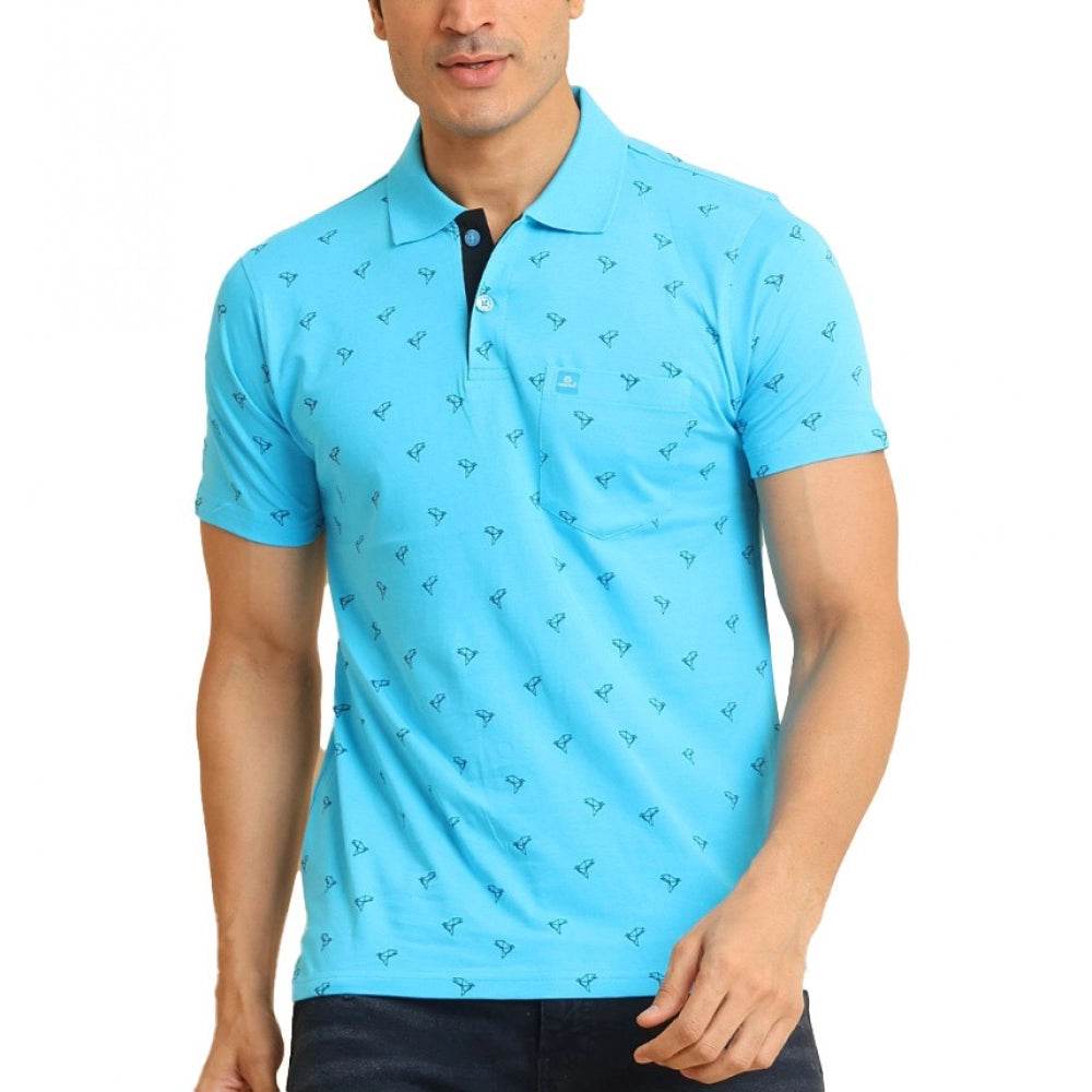 Generic Men's Casual Cotton Printed Polo Neck Half Sleeve T-Shirt (Skyblue) - MYLUXURY LANE ENTERPRISE