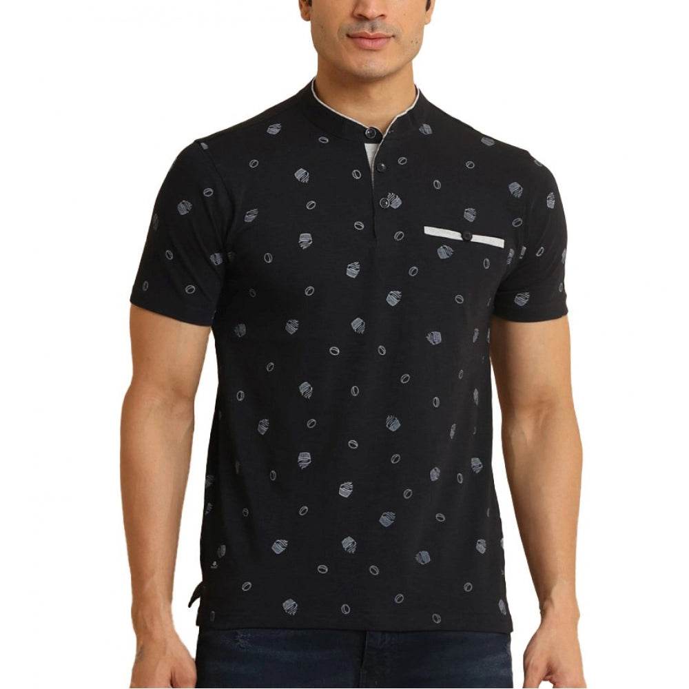 Generic Men's Casual Cotton Printed Mandarin Collar Half Sleeve T-Shirt (Black) - MYLUXURY LANE ENTERPRISE