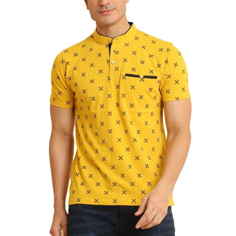 Generic Men's Casual Cotton Printed Mandarin Collar Half Sleeve T-Shirt (Mustard) - MYLUXURY LANE ENTERPRISE