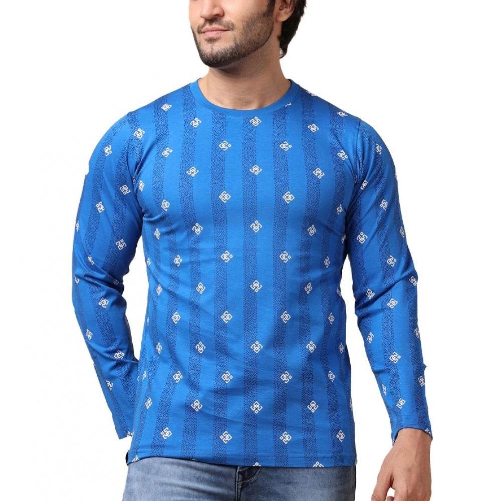Generic Men's Casual Cotton Printed Round Neck Full Sleeve T-Shirt (Blue) - MYLUXURY LANE ENTERPRISE
