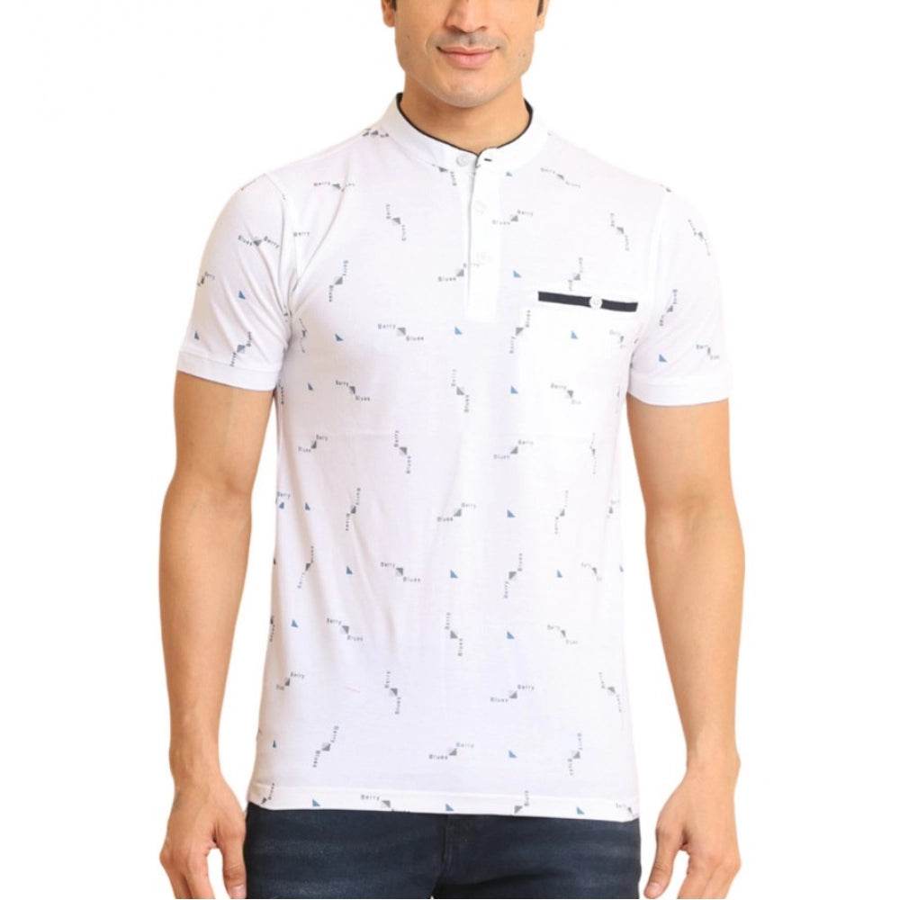 Generic Men's Casual Cotton Printed Mandarin Collar Half Sleeve T-Shirt (White) - MYLUXURY LANE ENTERPRISE
