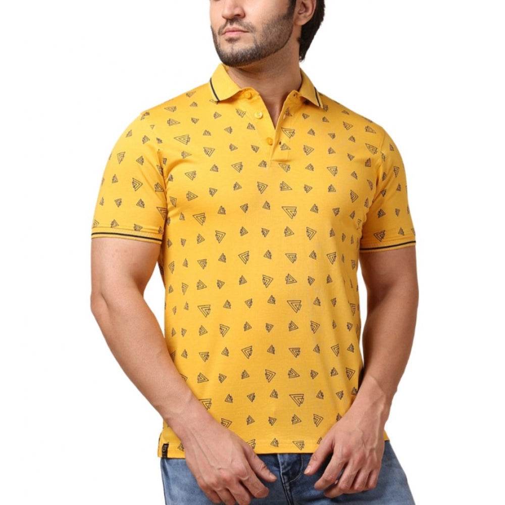 Generic Men's Casual Cotton Printed Polo Neck Half Sleeve T-Shirt (Mustard) - MYLUXURY LANE ENTERPRISE