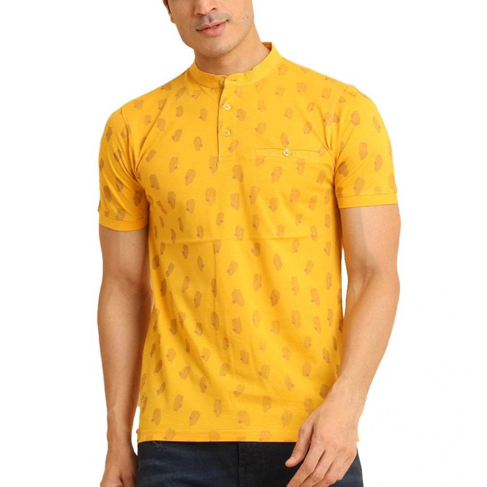 Generic Men's Casual Cotton Printed Mandarin Collar Half Sleeve T-Shirt (Mustard) - MYLUXURY LANE ENTERPRISE