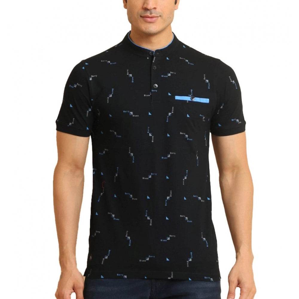 Generic Men's Casual Cotton Printed Mandarin Collar Half Sleeve T-Shirt (Navy) - MYLUXURY LANE ENTERPRISE
