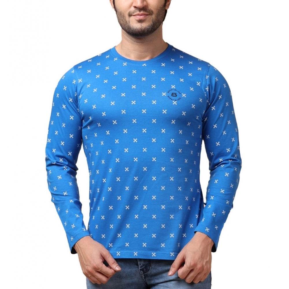 Generic Men's Casual Cotton Printed Round Neck Full Sleeve T-Shirt (Blue) - MYLUXURY LANE ENTERPRISE