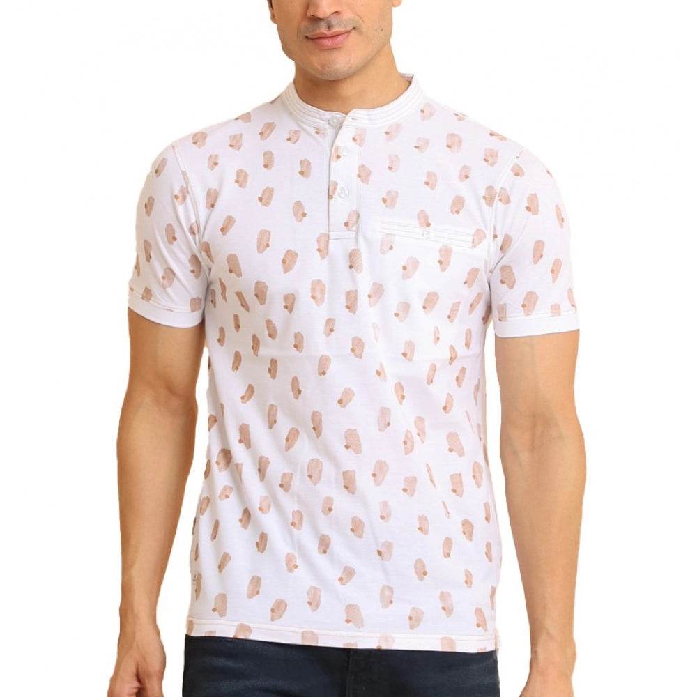 Generic Men's Casual Cotton Printed Mandarin Collar Half Sleeve T-Shirt (White) - MYLUXURY LANE ENTERPRISE