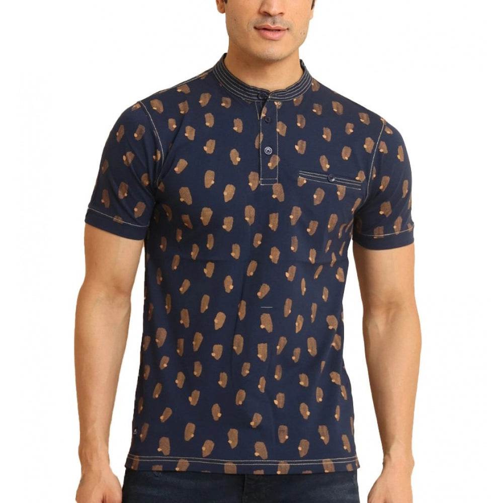 Generic Men's Casual Cotton Printed Mandarin Collar Half Sleeve T-Shirt (Navy) - MYLUXURY LANE ENTERPRISE
