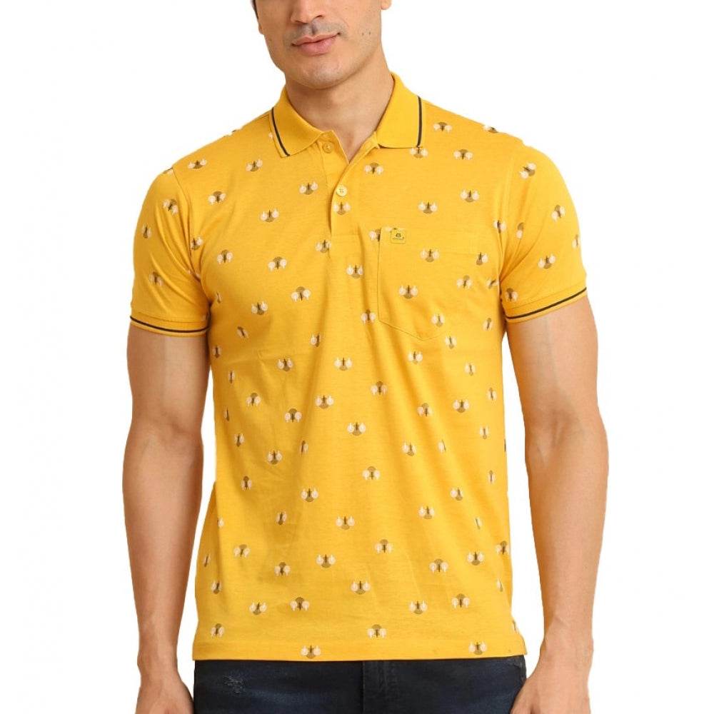 Generic Men's Casual Cotton Printed Polo Neck Half Sleeve T-Shirt (Mustard) - MYLUXURY LANE ENTERPRISE