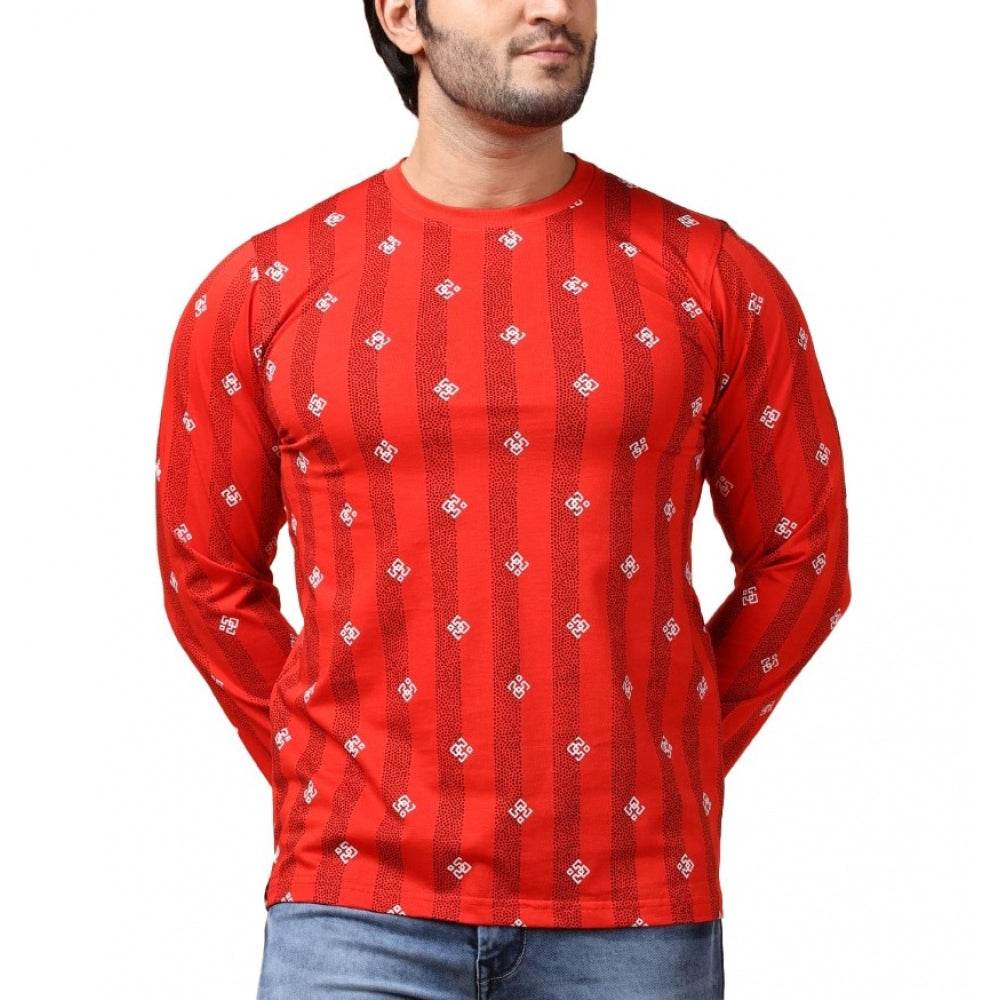 Generic Men's Casual Cotton Printed Round Neck Full Sleeve T-Shirt (Red) - MYLUXURY LANE ENTERPRISE
