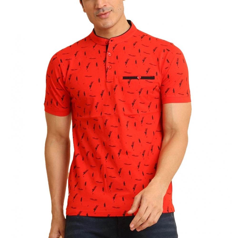 Generic Men's Casual Cotton Printed Mandarin Collar Half Sleeve T-Shirt (Red) - MYLUXURY LANE ENTERPRISE