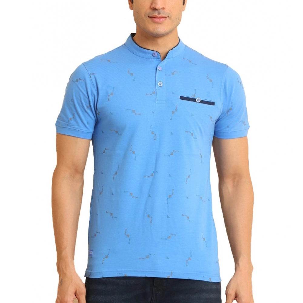Generic Men's Casual Cotton Printed Mandarin Collar Half Sleeve T-Shirt (LightBlue) - MYLUXURY LANE ENTERPRISE
