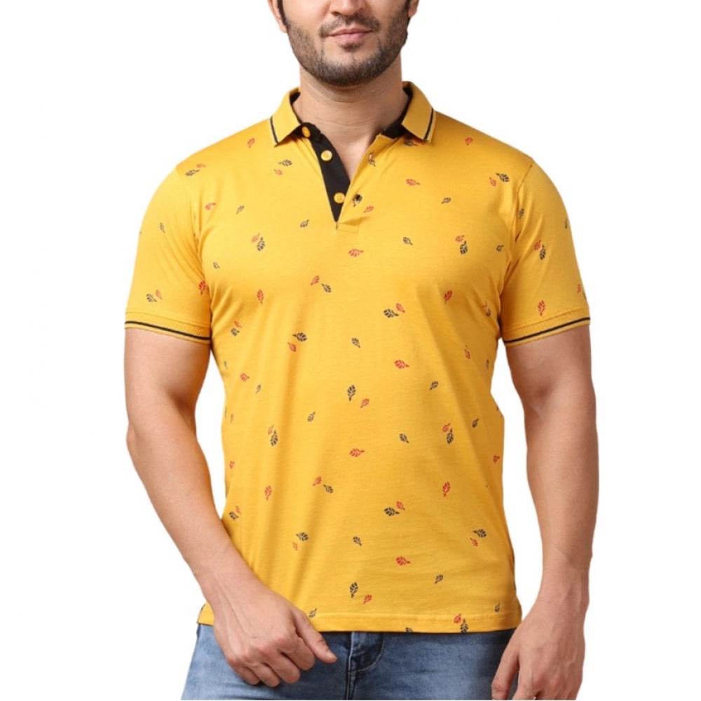 Generic Men's Casual Cotton Printed Polo Neck Half Sleeve T-Shirt (Mustard) - MYLUXURY LANE ENTERPRISE