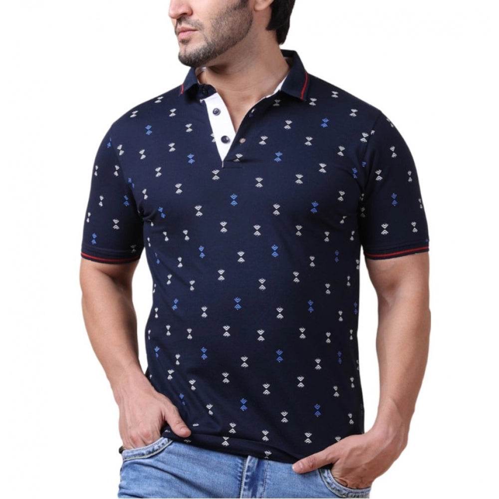 Generic Men's Casual Cotton Printed Polo Neck Half Sleeve T-Shirt (Navy) - MYLUXURY LANE ENTERPRISE