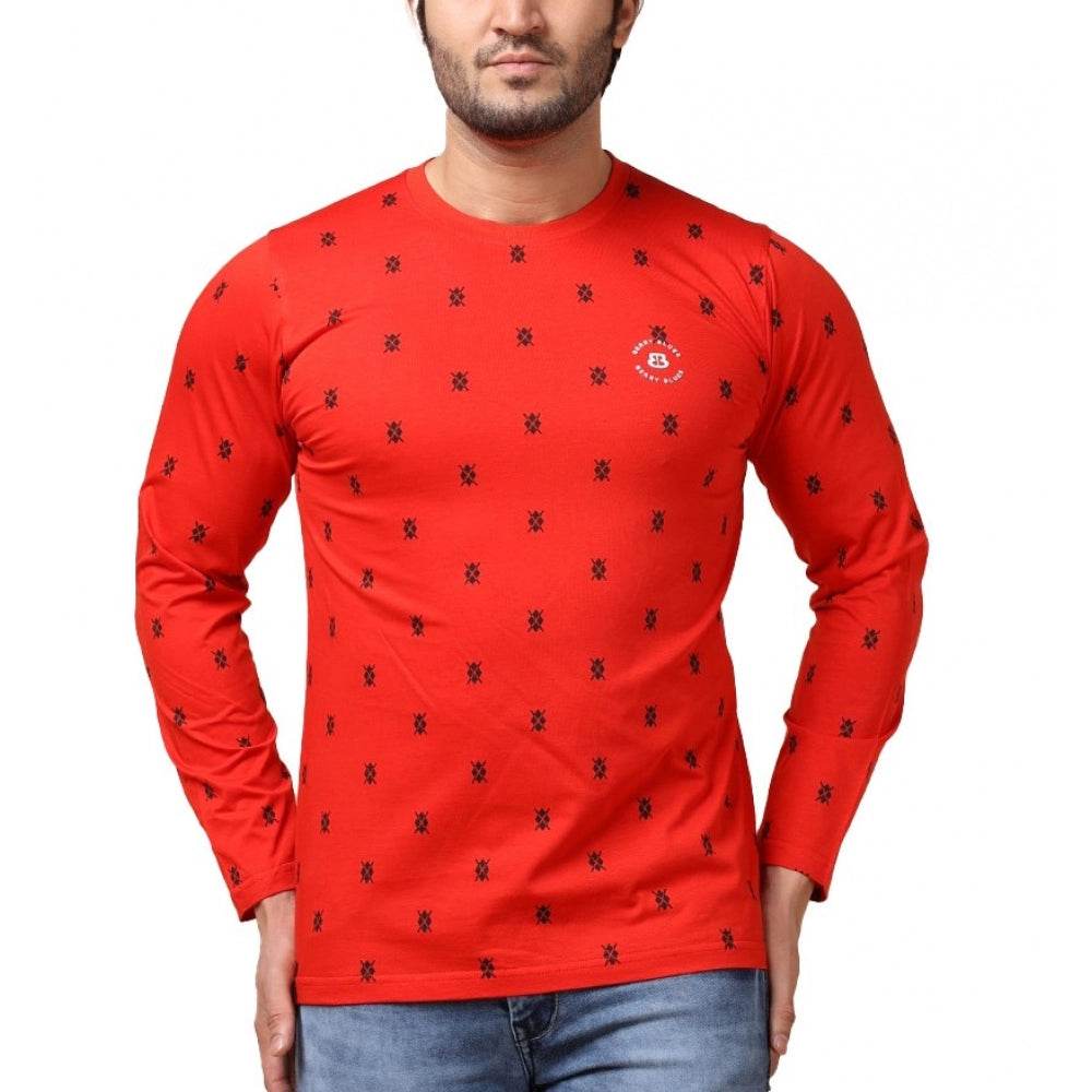 Generic Men's Casual Cotton Printed Round Neck Full Sleeve T-Shirt (Red) - MYLUXURY LANE ENTERPRISE