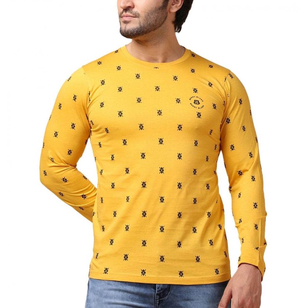 Generic Men's Casual Cotton Printed Round Neck Full Sleeve T-Shirt (Mustard) - MYLUXURY LANE ENTERPRISE