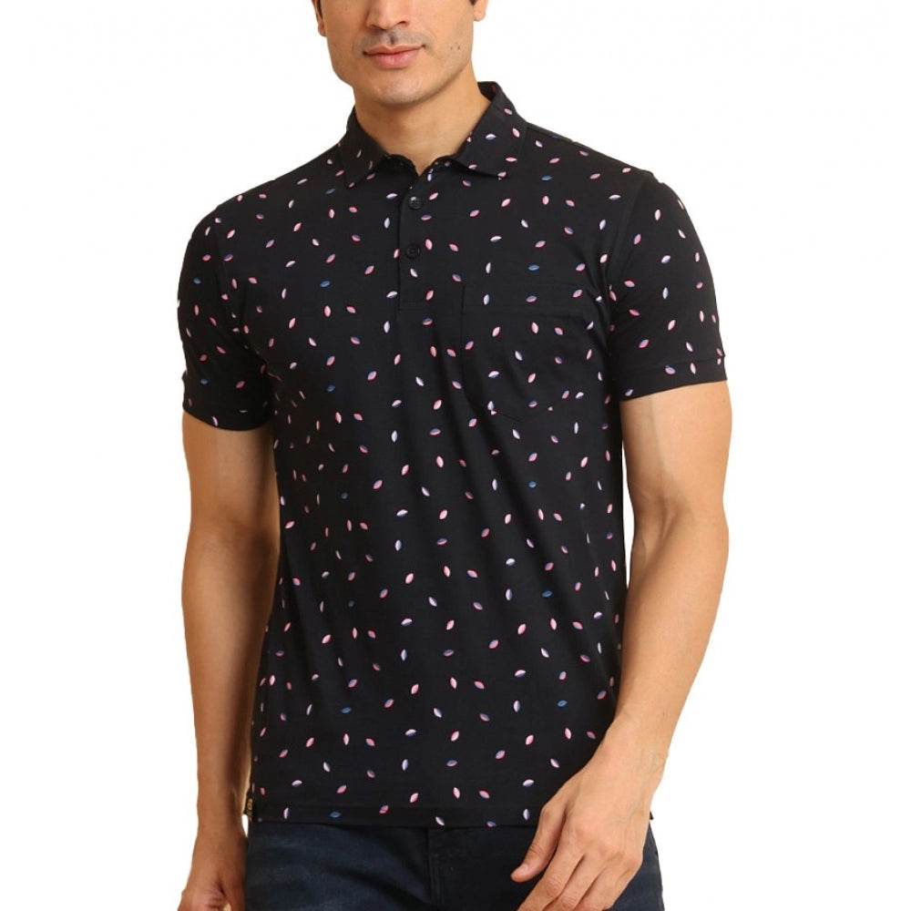 Generic Men's Casual Cotton Printed Polo Neck Half Sleeve T-Shirt (Black) - MYLUXURY LANE ENTERPRISE
