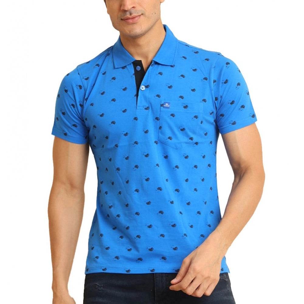 Generic Men's Casual Cotton Printed Polo Neck Half Sleeve T-Shirt (Blue) - MYLUXURY LANE ENTERPRISE