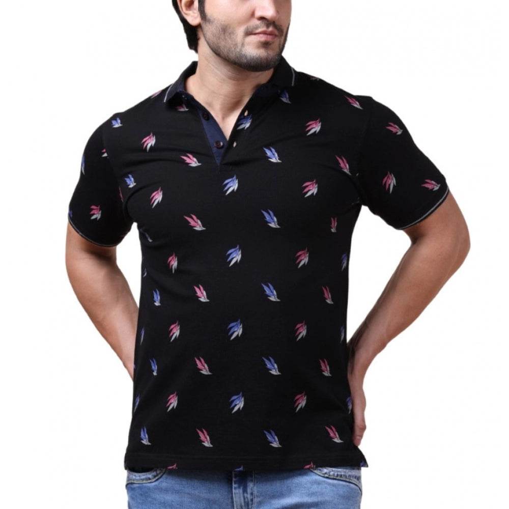Generic Men's Casual Cotton Printed Polo Neck Half Sleeve T-Shirt (Black) - MYLUXURY LANE ENTERPRISE