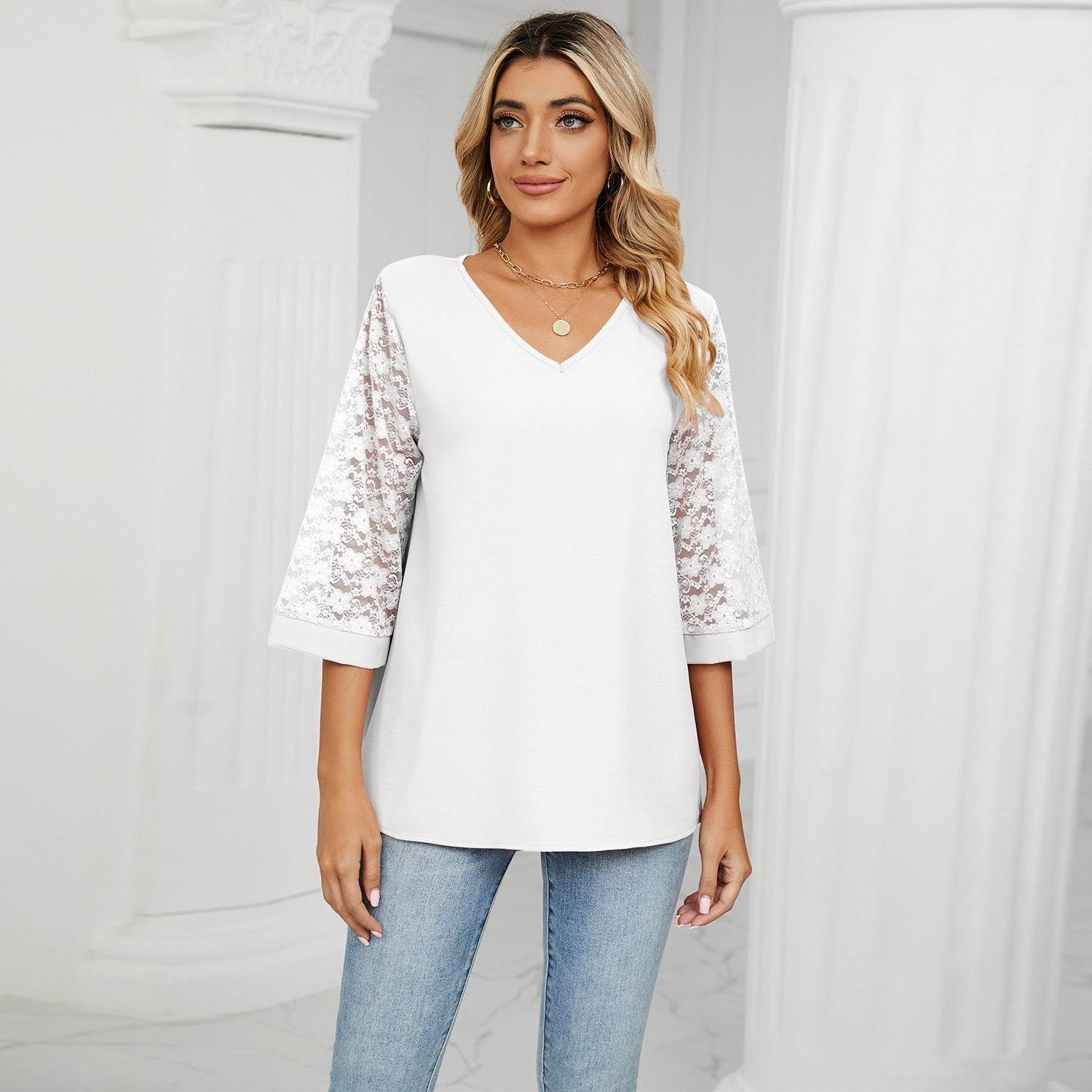 Loose V-neck Cropped Lace Bell Sleeve Patchwork Chiffon Bottoming Shirt - MYLUXURY LANE ENTERPRISE