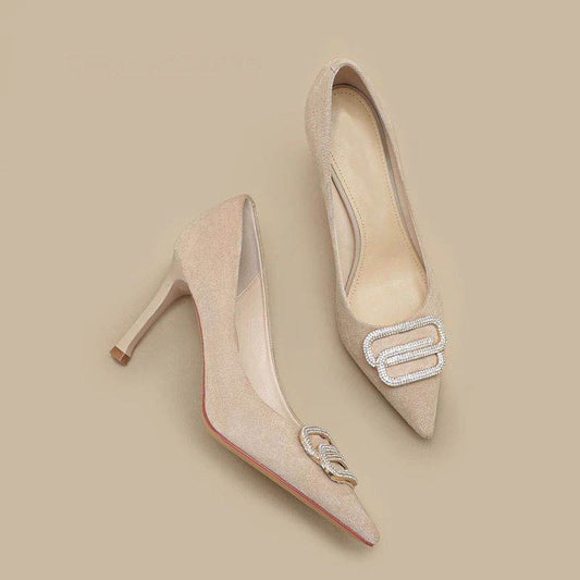 Soft Leather High Heels Female Career Stilettos Sense Rhinestone Shoes - MYLUXURY LANE ENTERPRISE