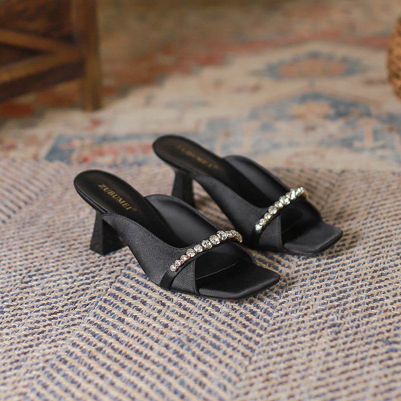 French Retro Women's Shoes Square Toe Open Toe High Heels Rhinestone - MYLUXURY LANE ENTERPRISE