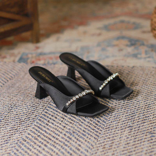 French Retro Women's Shoes Square Toe Open Toe High Heels Rhinestone - MYLUXURY LANE ENTERPRISE