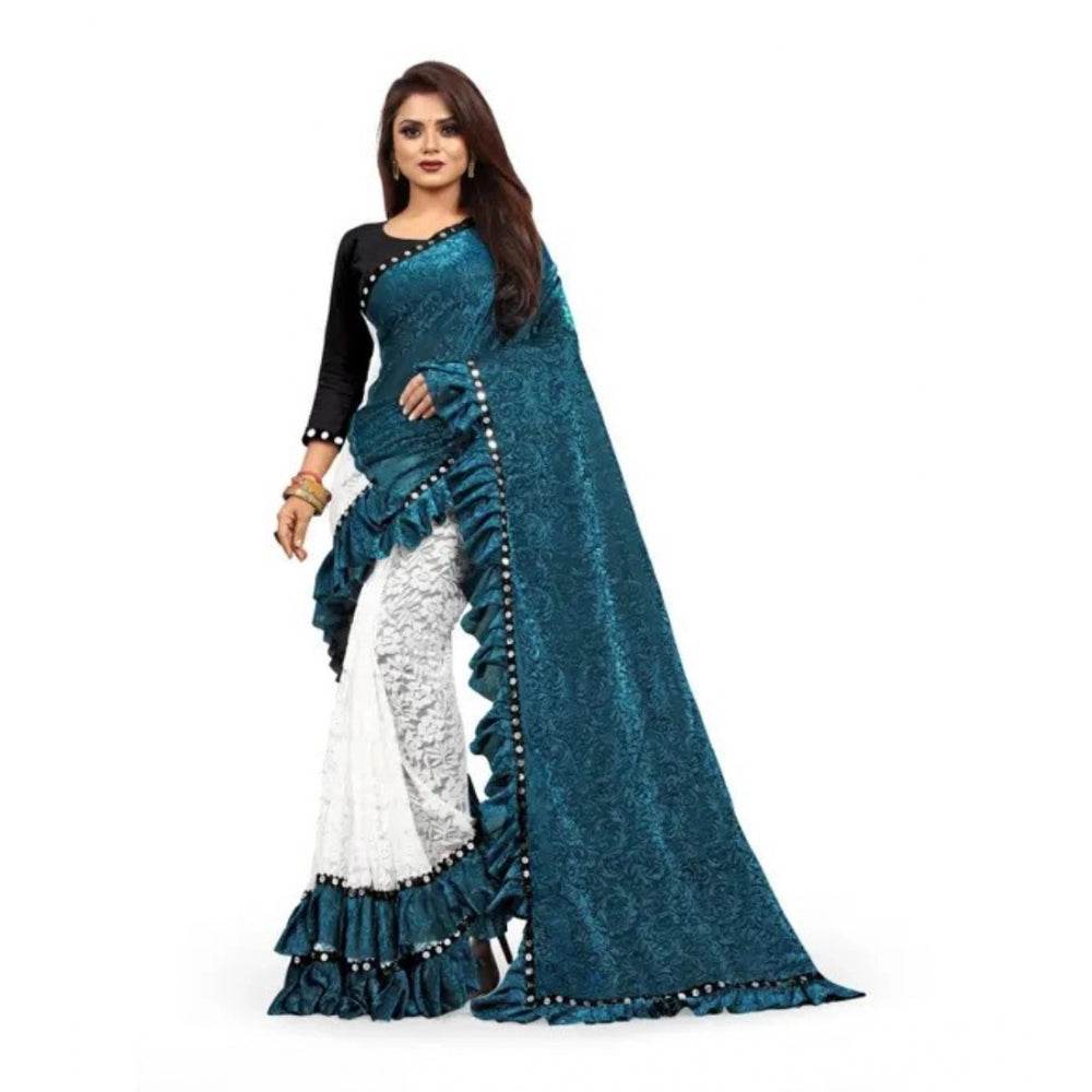 Generic Women's Silk With Mirror Lace Solid Saree With Unstitched Blouse (Rama, 5-5 Mtrs) - MYLUXURY LANE ENTERPRISE