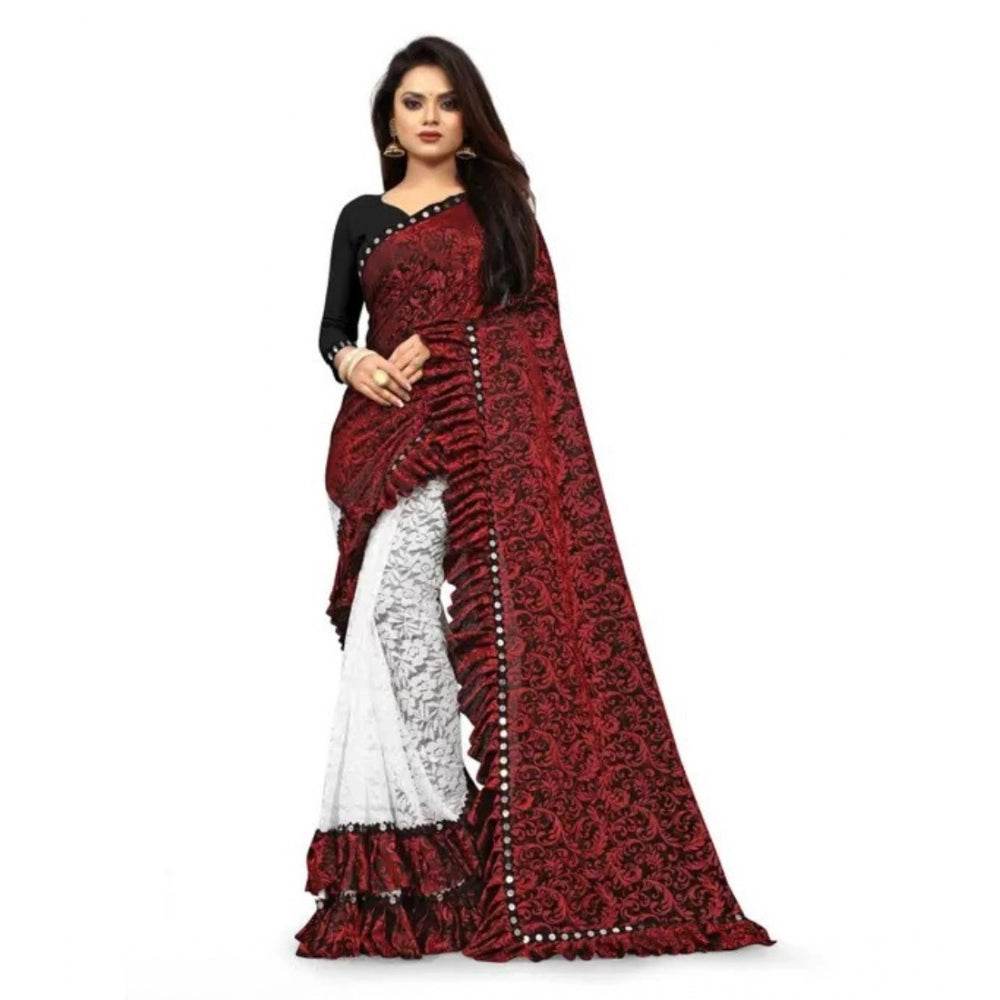 Generic Women's Silk With Mirror Lace Solid Saree With Unstitched Blouse (Red, 5-5 Mtrs) - MYLUXURY LANE ENTERPRISE