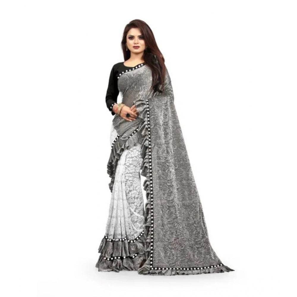 Generic Women's Silk With Mirror Lace Solid Saree With Unstitched Blouse (Grey, 5-5 Mtrs) - MYLUXURY LANE ENTERPRISE