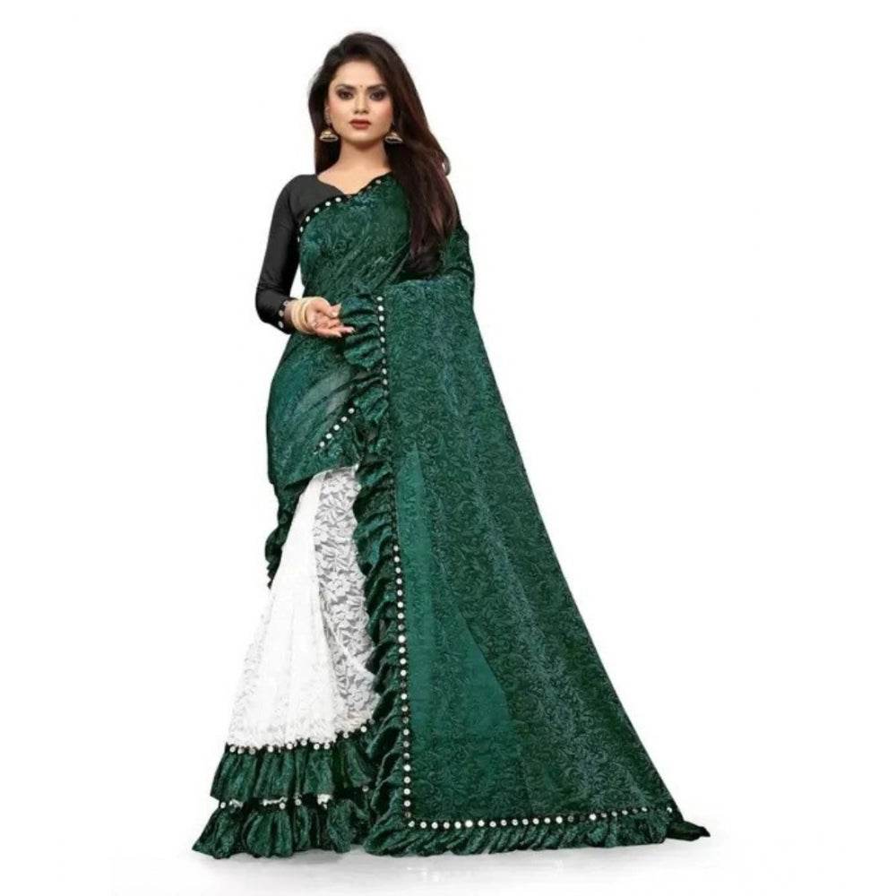 Generic Women's Silk With Mirror Lace Solid Saree With Unstitched Blouse (Green, 5-5 Mtrs) - MYLUXURY LANE ENTERPRISE