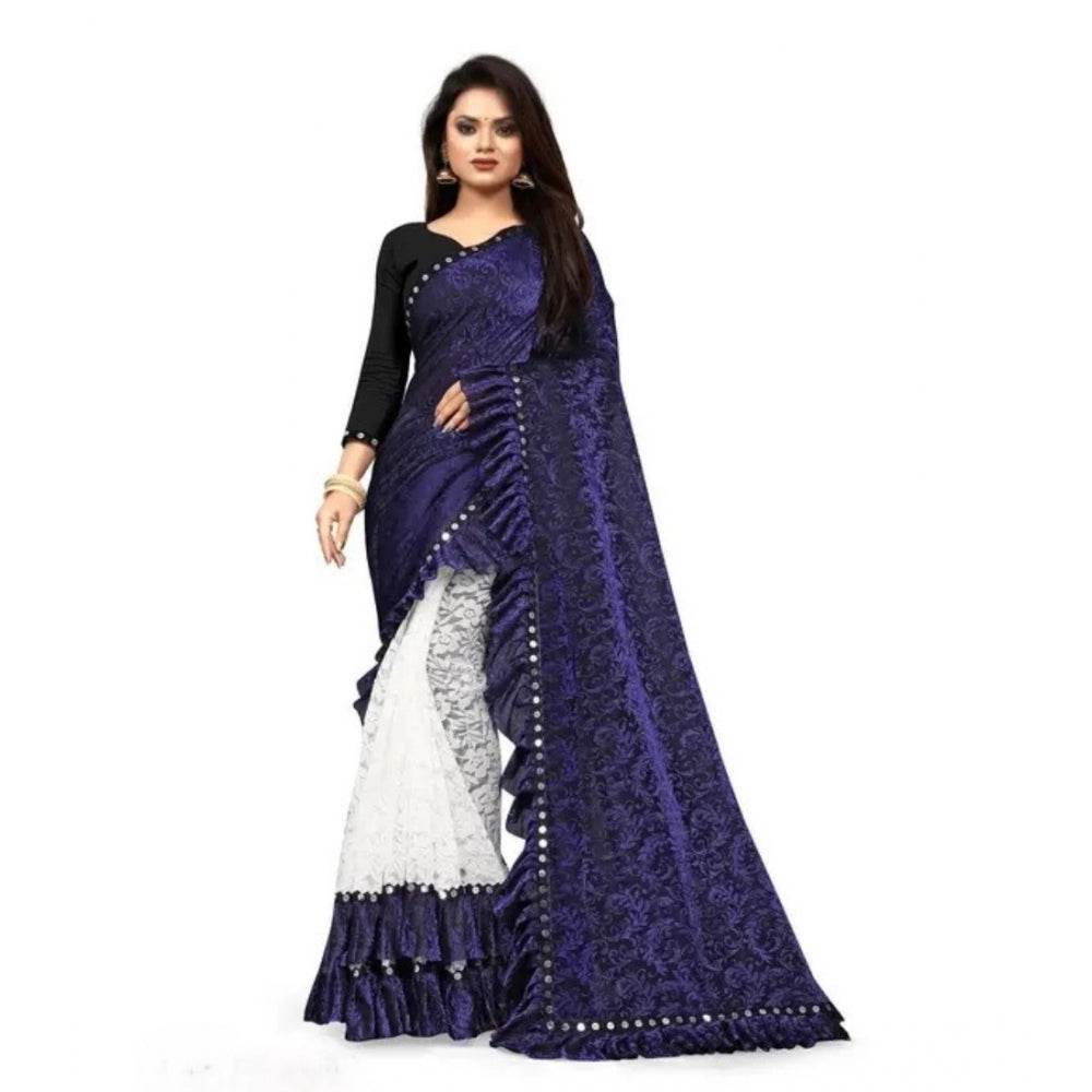 Generic Women's Silk With Mirror Lace Solid Saree With Unstitched Blouse (Blue, 5-5 Mtrs) - MYLUXURY LANE ENTERPRISE