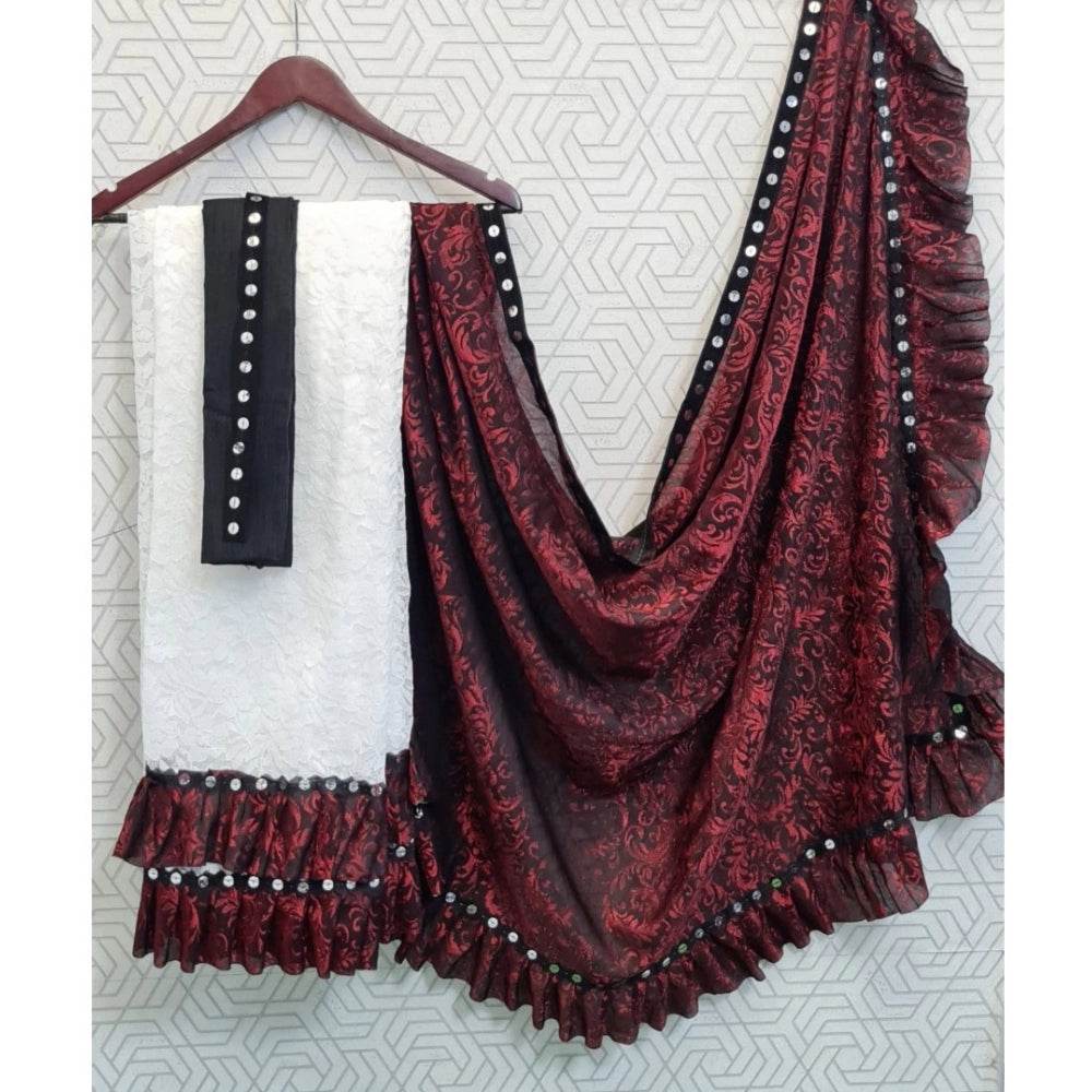 Generic Women's Silk With Mirror Lace Solid Saree With Unstitched Blouse (Red, 5-5 Mtrs) - MYLUXURY LANE ENTERPRISE