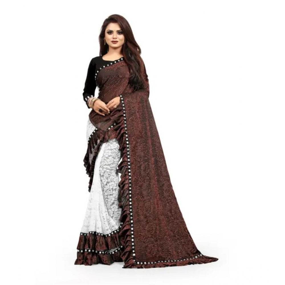 Generic Women's Silk With Mirror Lace Solid Saree With Unstitched Blouse (Brown, 5-5 Mtrs) - MYLUXURY LANE ENTERPRISE