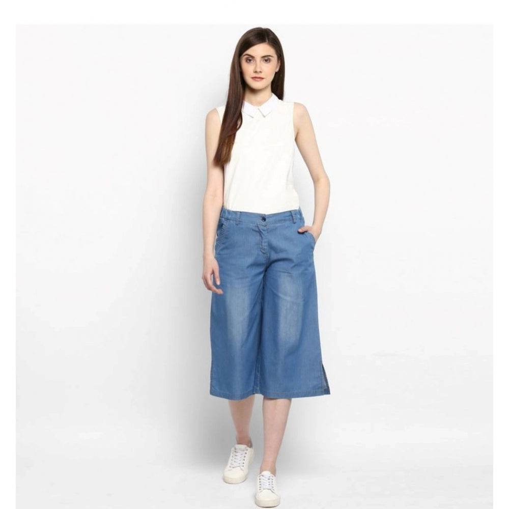 Generic Women's Denim Solid Buttoned Below Knee Culottes (Light Blue) - MYLUXURY LANE ENTERPRISE