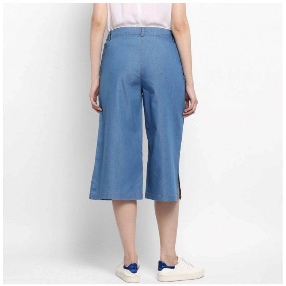 Generic Women's Denim Solid Buttoned Below Knee Culottes (Light Blue) - MYLUXURY LANE ENTERPRISE