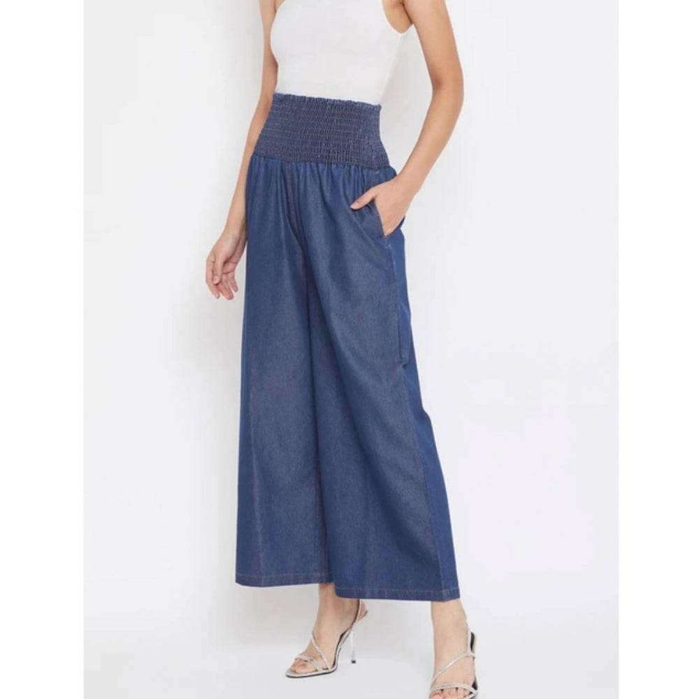 Generic Women's Denim Solid Smocked Trousers (Navy Blue) - MYLUXURY LANE ENTERPRISE