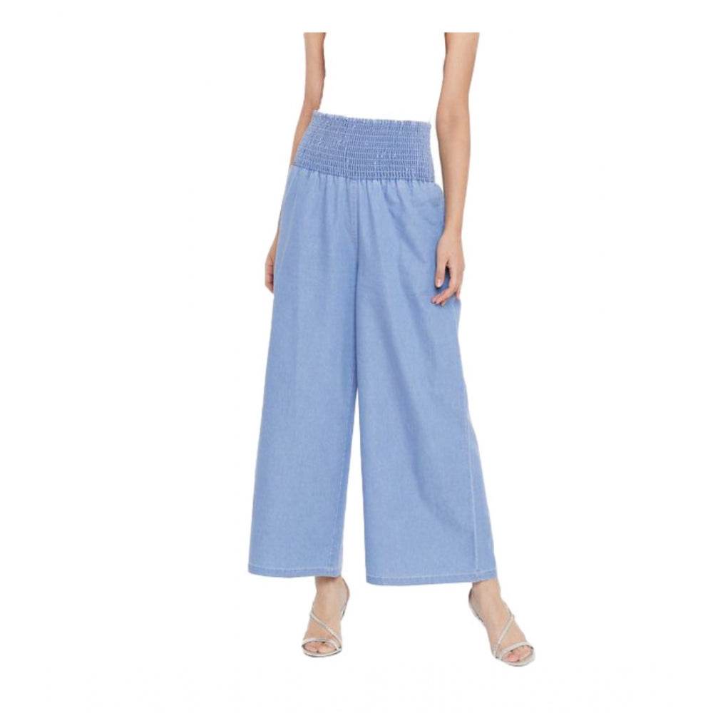 Generic Women's Denim Solid Smocked Trousers (Blue) - MYLUXURY LANE ENTERPRISE