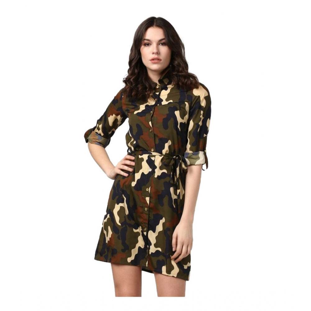 Generic Women's Polyester Printed Roll Up Sleeve Tunic Top (Green - Black) - MYLUXURY LANE ENTERPRISE