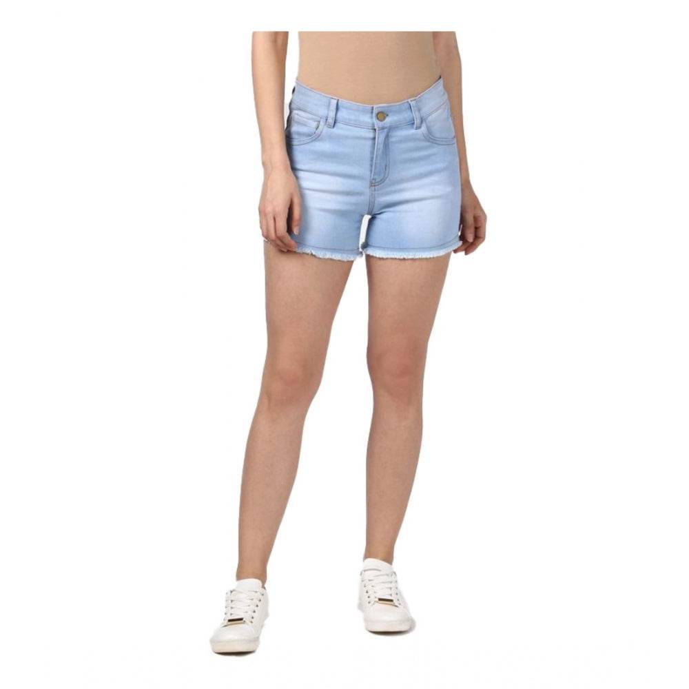 Generic Women's Denim Solid Buttoned Shorts (Blue) - MYLUXURY LANE ENTERPRISE