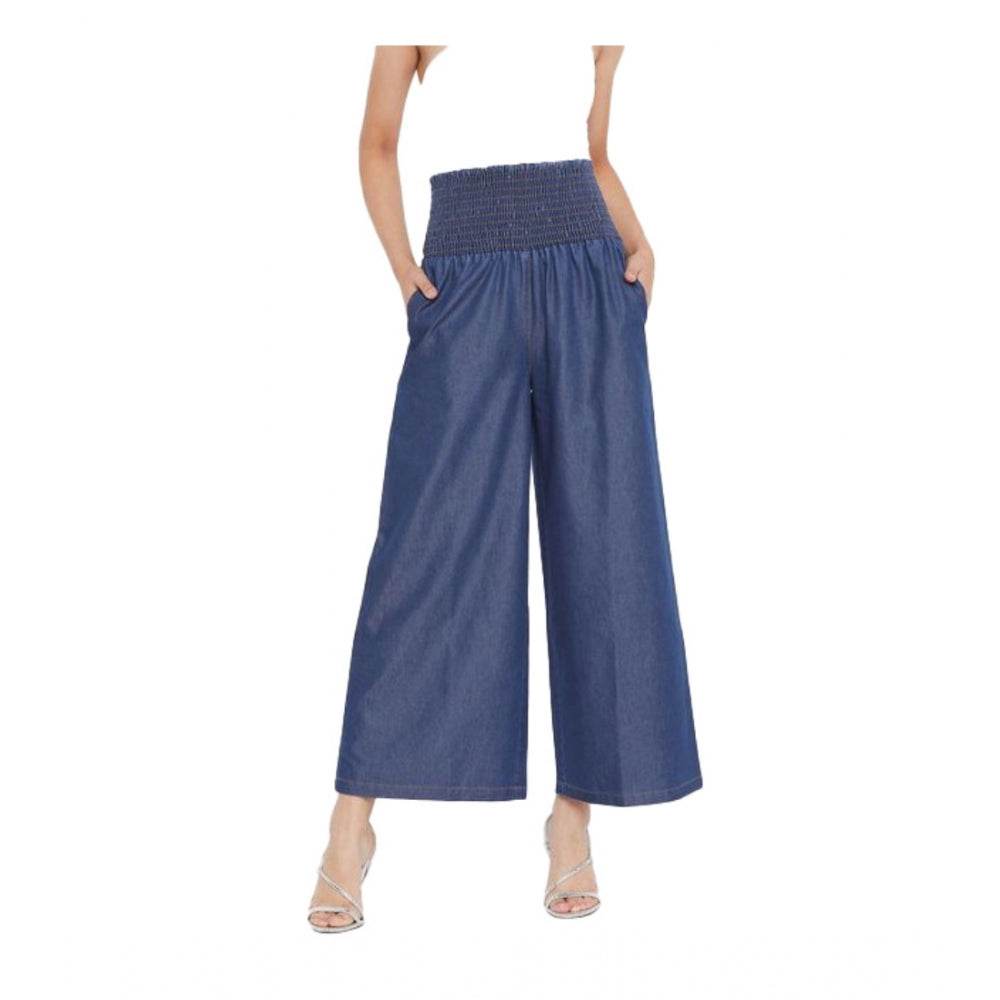 Generic Women's Denim Solid Smocked Trousers (Navy Blue) - MYLUXURY LANE ENTERPRISE