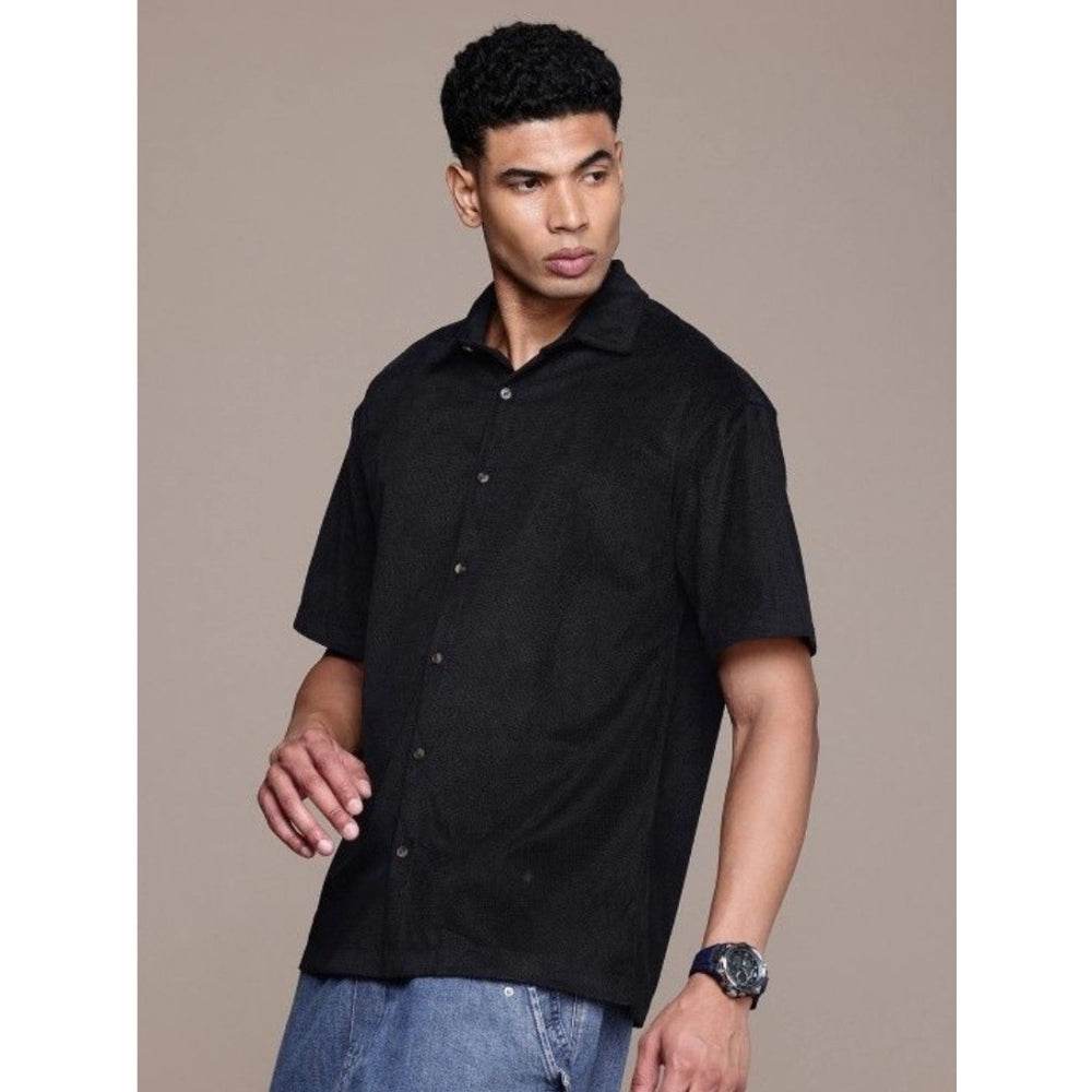 Generic Men's Cotton Blend Solid Half-Sleeve Regular Shirt (Black) - MYLUXURY LANE ENTERPRISE