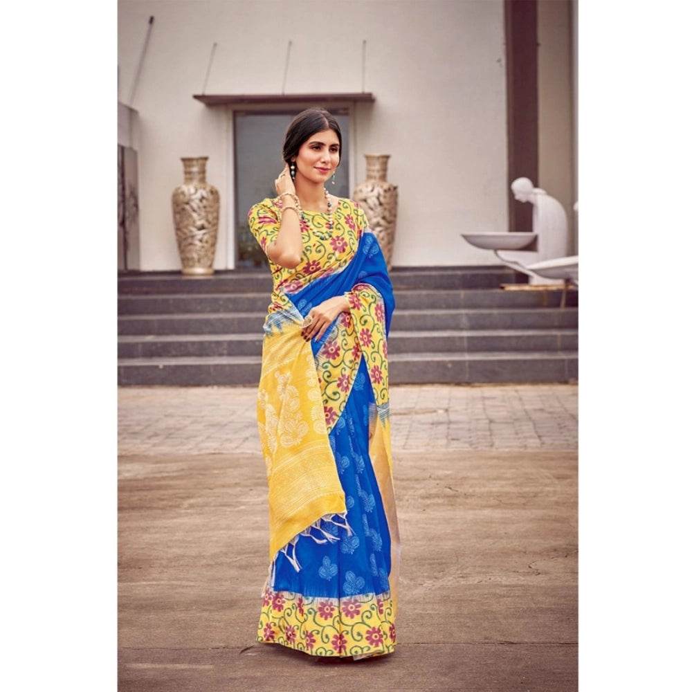 Generic Women's Cotton Blend Printed Saree With Unstitched Blouse (Blue, 5-5 Mtrs) - MYLUXURY LANE ENTERPRISE
