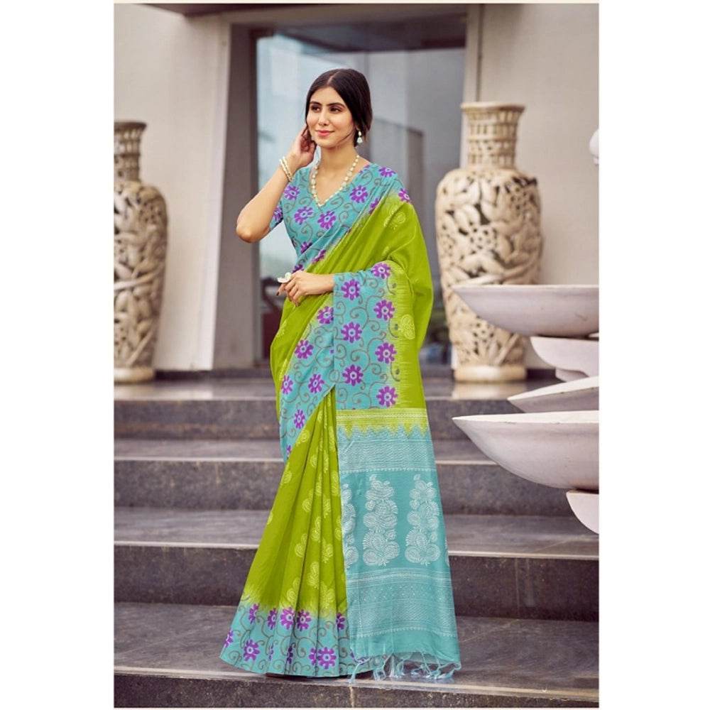 Generic Women's Cotton Blend Printed Saree With Unstitched Blouse (Green, 5-5 Mtrs) - MYLUXURY LANE ENTERPRISE