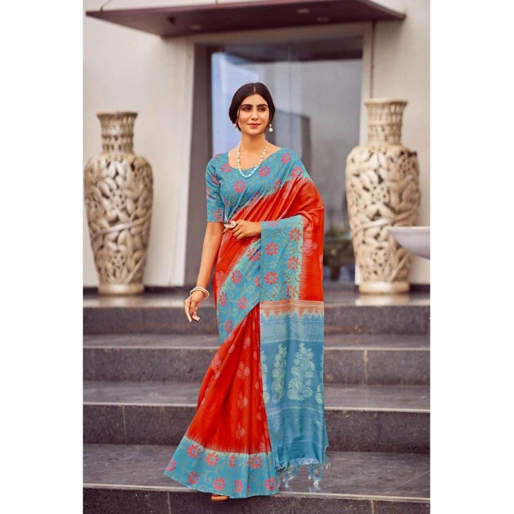 Generic Women's Cotton Blend Printed Saree With Unstitched Blouse (Red, 5-5 Mtrs) - MYLUXURY LANE ENTERPRISE